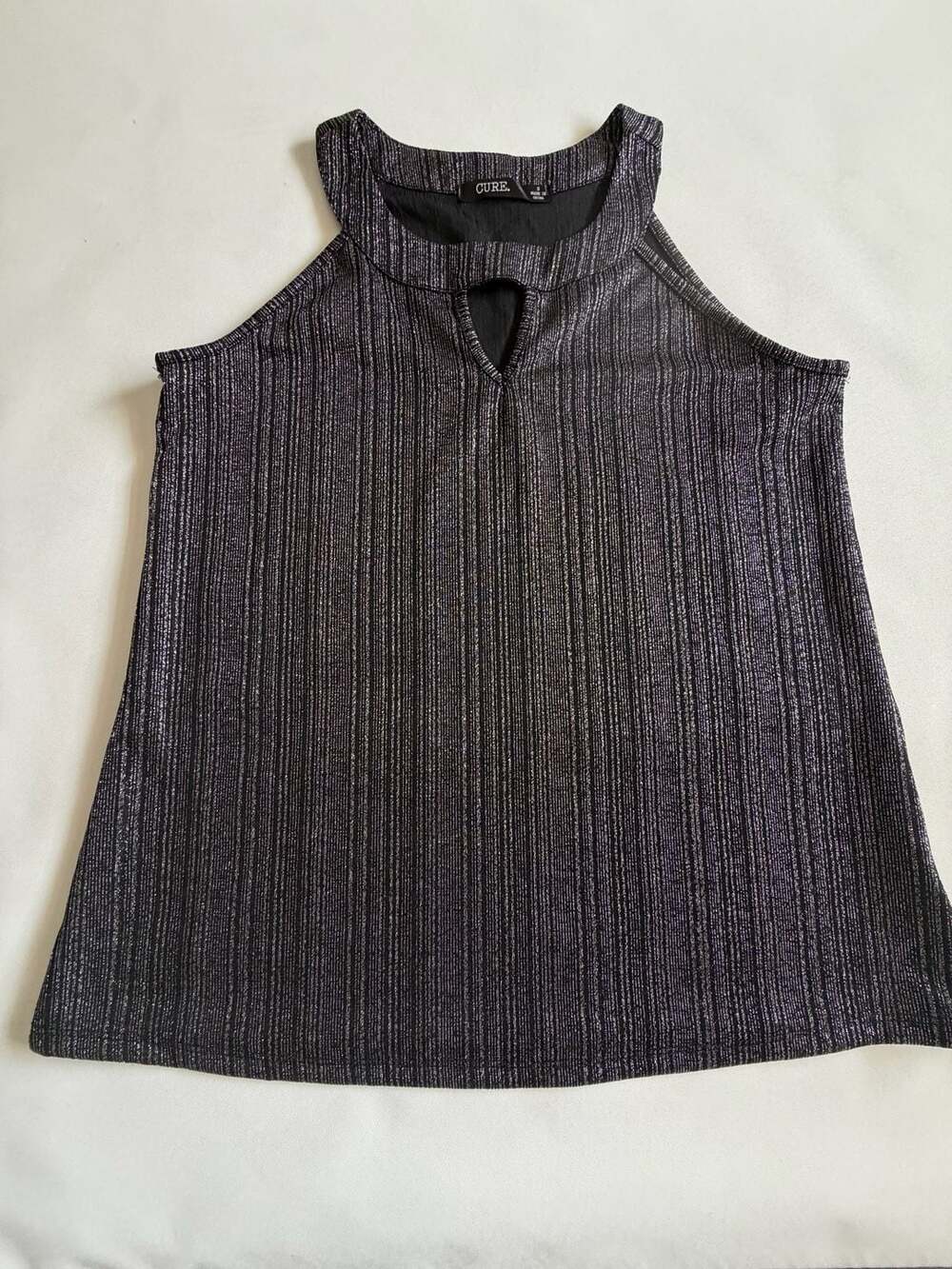CURE Black Silver Metallic Tank Top S Keyhole Halter Ribbed Going Out Party